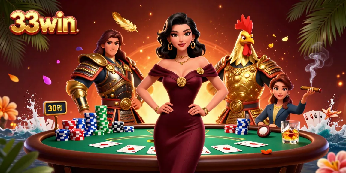 33win players enjoying a thrilling poker game with glamorous characters and dynamic casino elements.