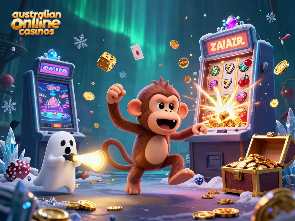 A playful poltergeist monkey juggles coins above a riches-filled slot machine at australian online casinos.