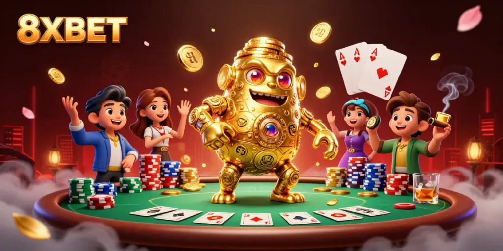 Experience the thrill of 8XBET with a vibrant 3D illustration showcasing ancient gaming symbols and poker elements.