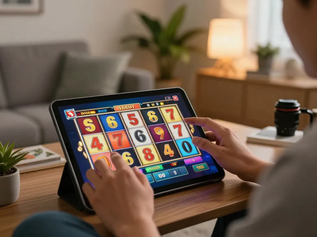 Pemain yang terlibat memutar slot tautan di tablet dalam suasana rumah yang nyaman.