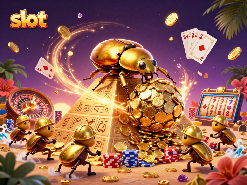 Menangkan slot dengan beetle emas yang menggulingkan koin sambil berputar roulette.