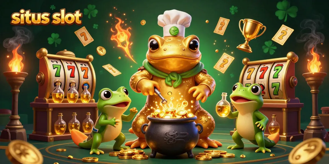 Situs slot showcases an alchemist turning metals into gold surrounded by dynamic slot game elements.