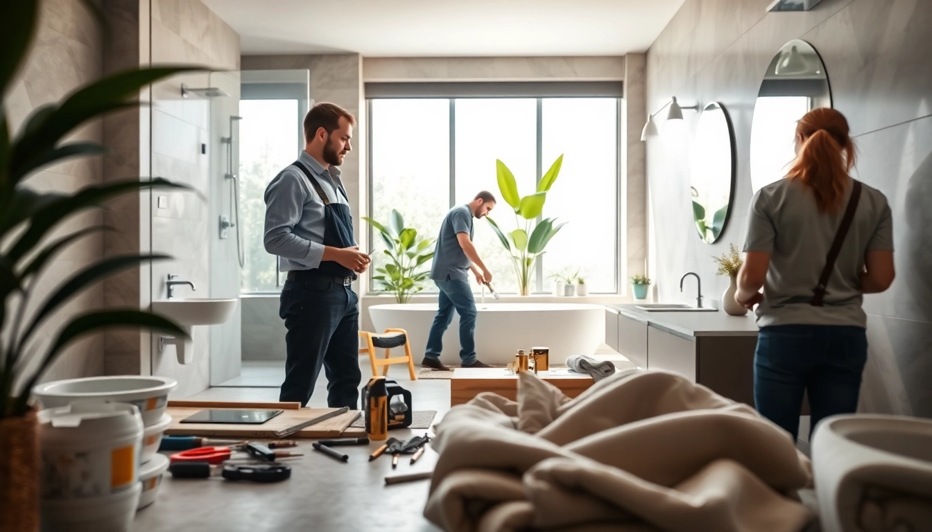 Engaged bathroom renovation contractors near me transforming a stylish, modern bathroom space.
