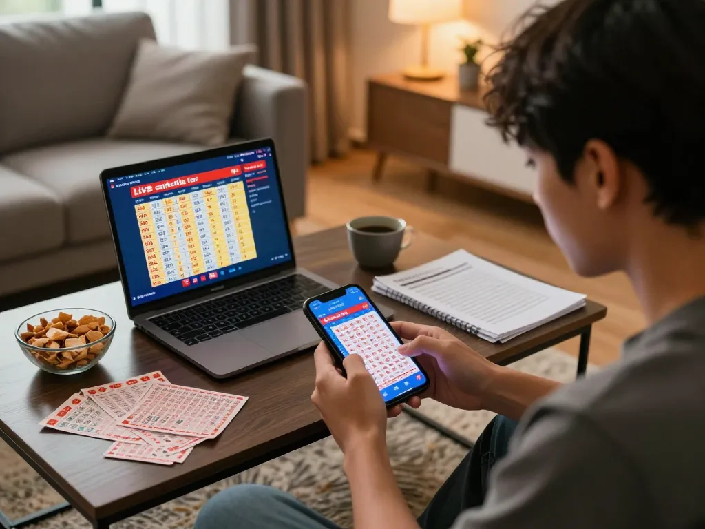 Engaged player checking live cambodia lottery results on a mobile device in a cozy living room setting.