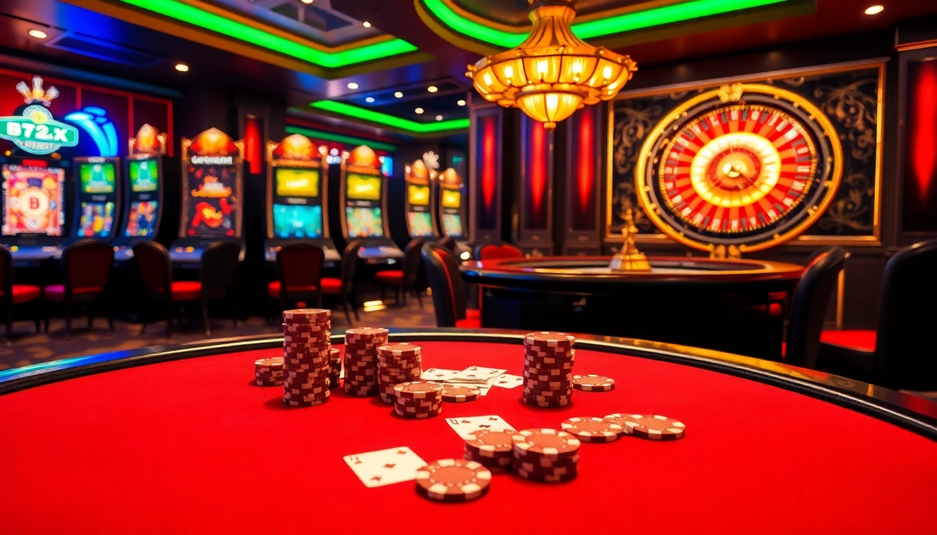 Exciting poker game at b52 club with vibrant chips and cards.