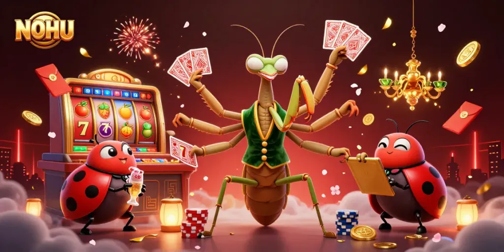 Engage with NOHU's exciting slot games, featuring vibrant illustrations of dynamic characters and festive elements.