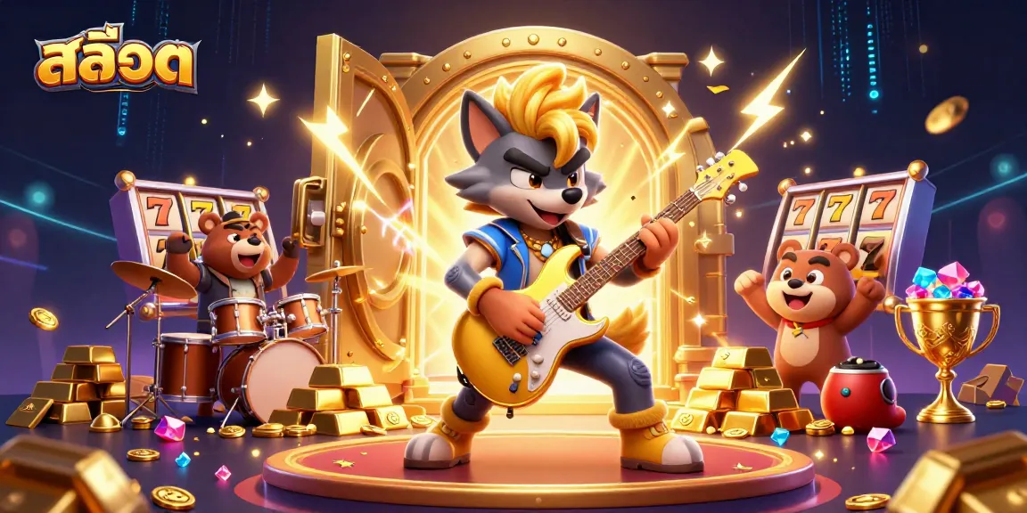 Enjoy thrilling สล็อต action with a cartoon wolf rock star and drummer bear on a vibrant casino stage.