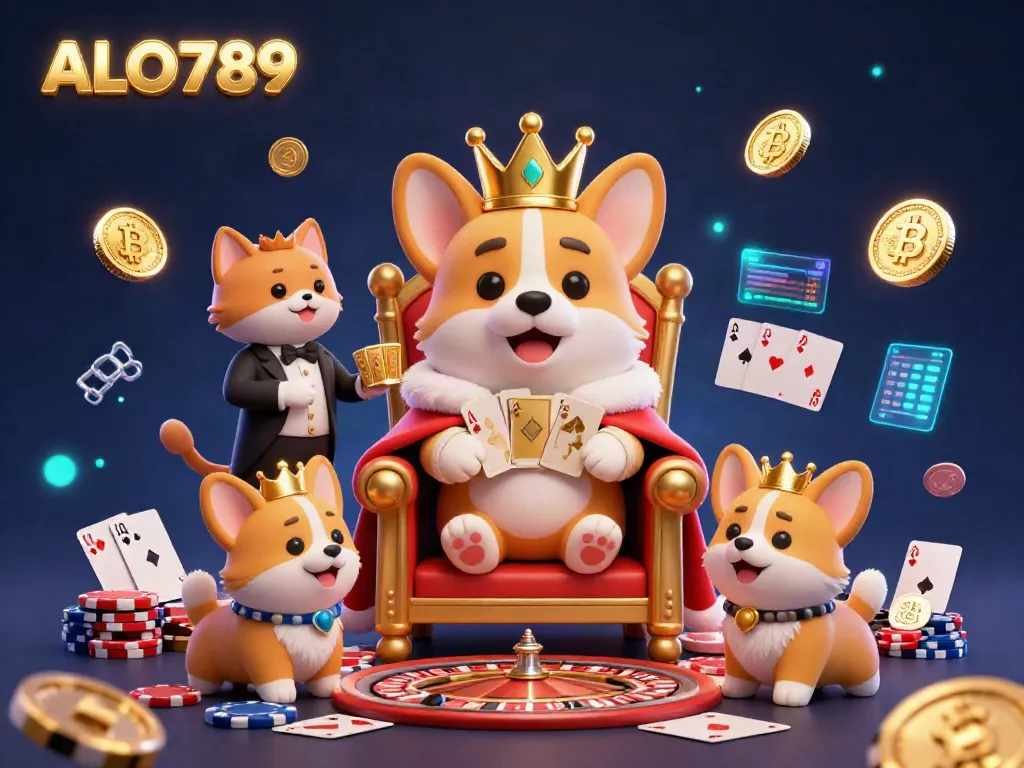 A vibrant scene where the royal corgi crowned sits on poker chips at ALO789, presenting a lively gaming atmosphere.