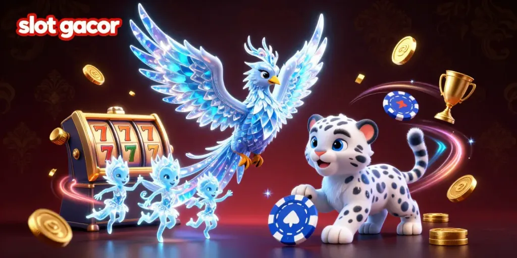 Experience thrilling slot gacor action with a mesmerizing 3D illustration of magical creatures and slot game elements.