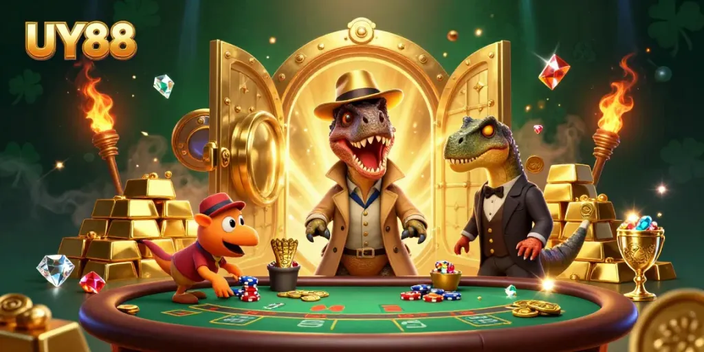 Experience UY88's thrilling blackjack action with a velociraptor card counter and festive treasures.