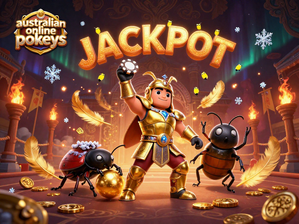 Envision vibrant australian online pokies entertainment with a victorious beetle in golden armor.