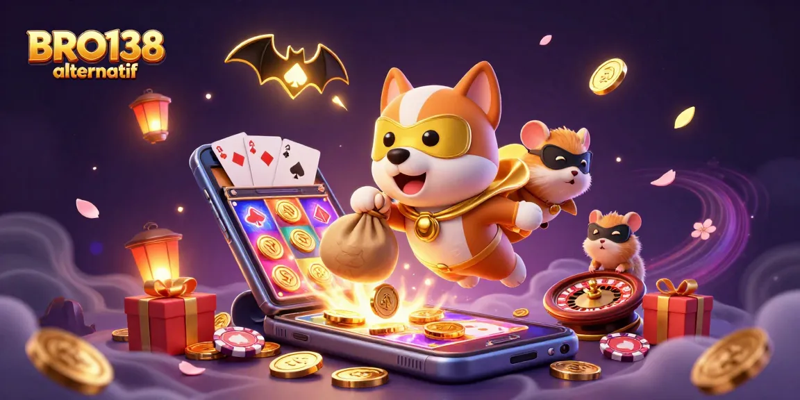 Engage in vibrant slot games with BRO138 alternatif featuring a superhero dog and hamster in action.