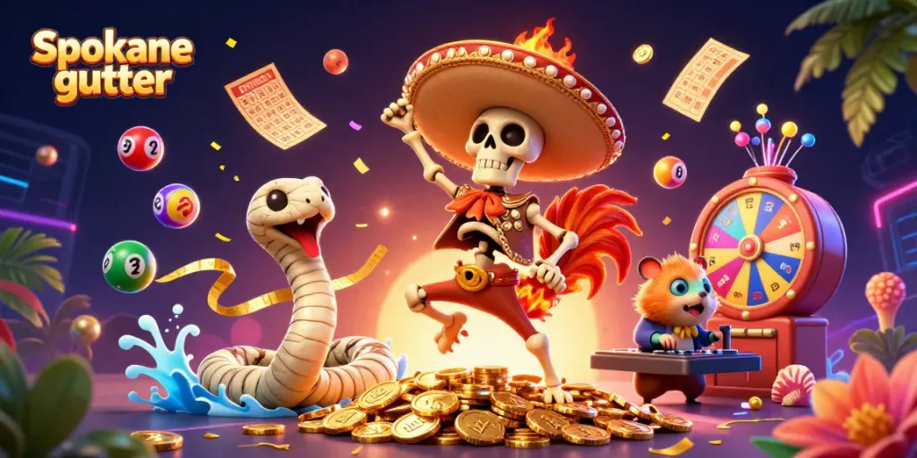 Experience vibrant Spokane gutter action with a lively skeleton mariachi rooster, confetti, and golden prizes.
