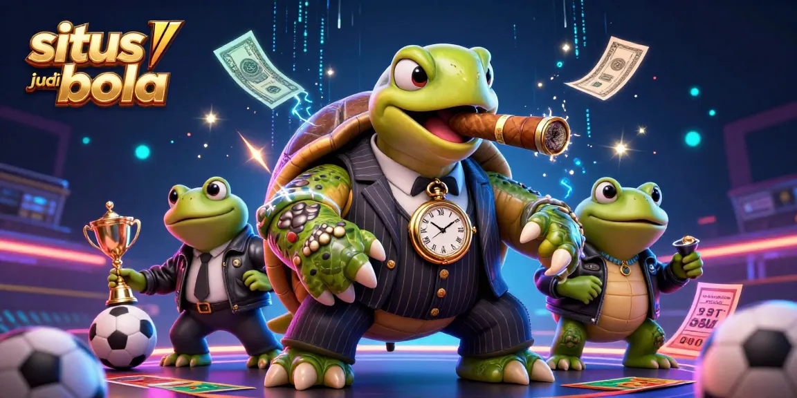Situs judi bola sports betting scene featuring a turtle mobster with frog enforcers and dynamic elements