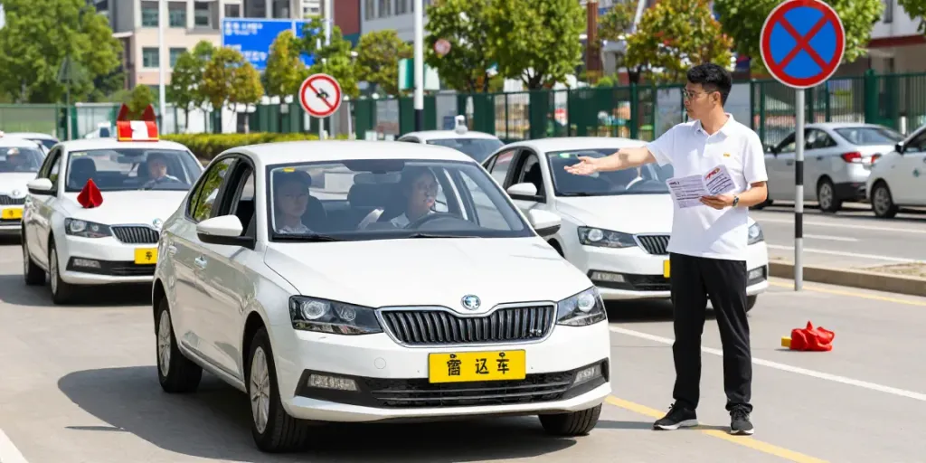 Driving lesson at school with students learning driving skills and road safety in Skoda Fabia while focusing on scoala auto pret.