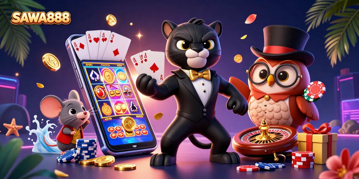 Experience excitement with SAWA888 in this vibrant casino illustration showcasing playful characters and dynamic game elements.