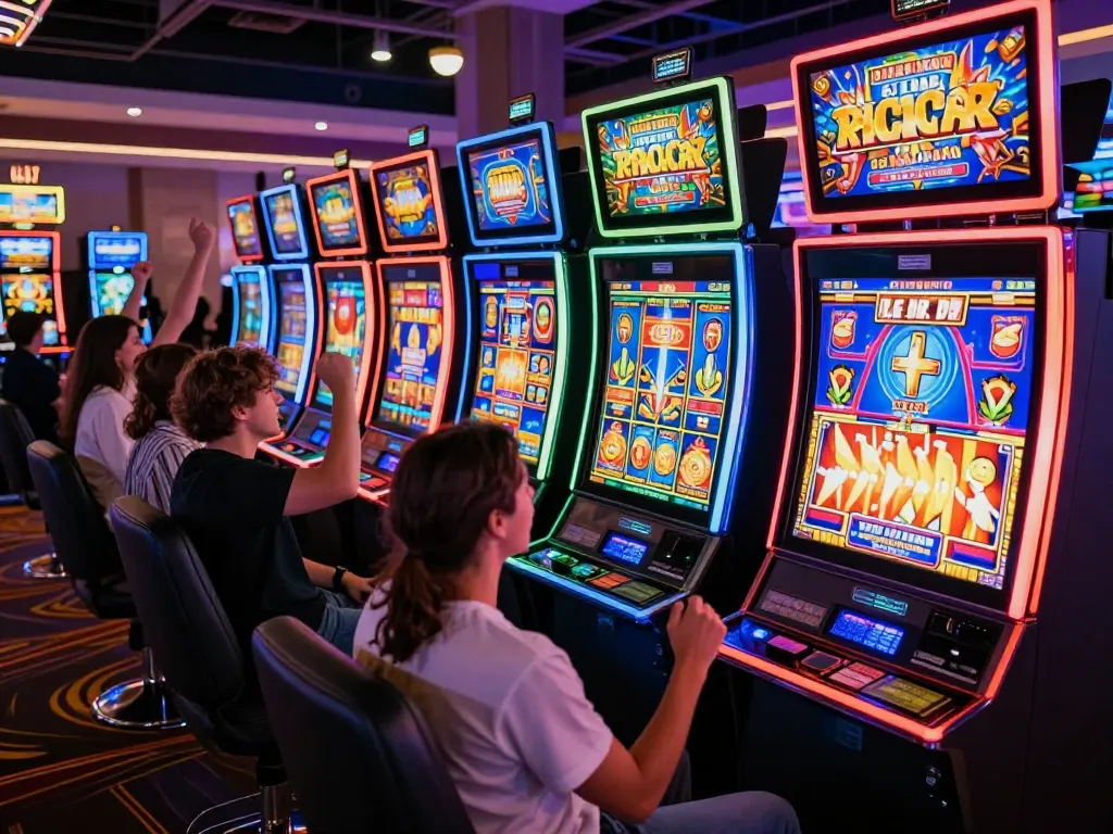 Players enjoying slot jepang in a colorful casino environment, celebrating wins with excitement.