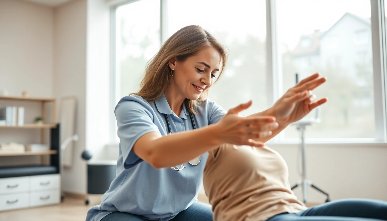 Experience griesbach physiotherapy with a caring therapist assisting a patient in a bright clinical environment.