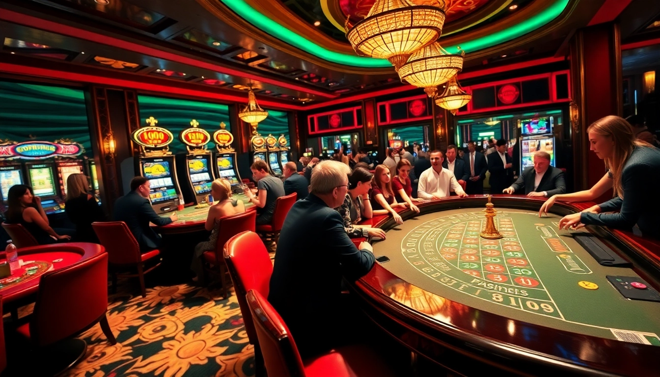 Le meilleur casino en ligne présente des tables de jeu vibrantes, des joueurs animés et des jetons colorés dans une atmosphère luxueuse.