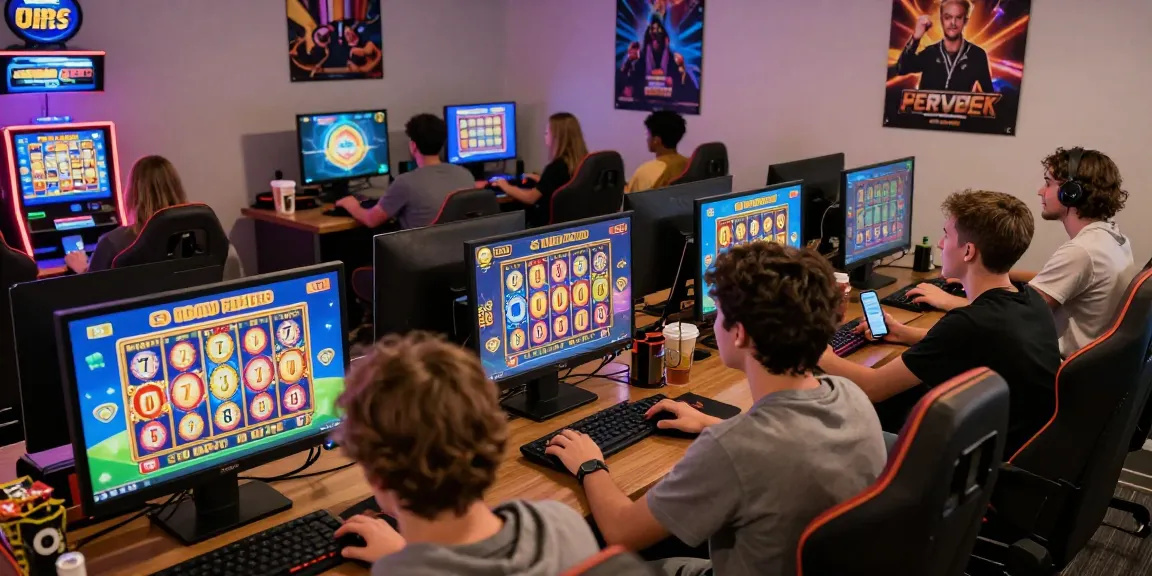 Exciting online gaming environment showcasing players engaged with slot77 games on multiple devices in a lively setting.