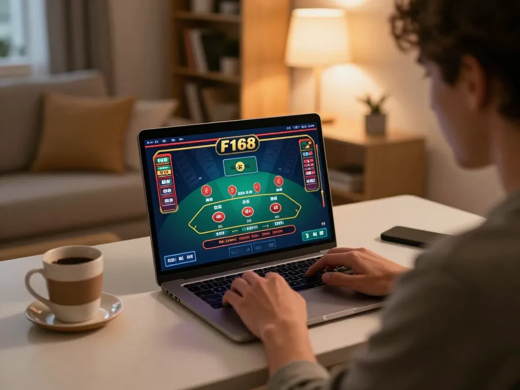 Engaged player enjoying F168 live dealer blackjack on laptop in cozy home setting.