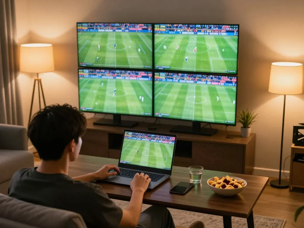 Cakhiatv user placing strategic bets while watching live football matches on multiple screens
