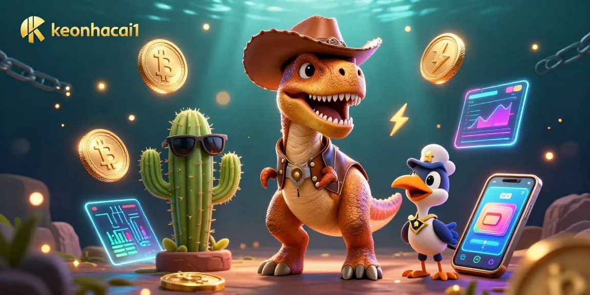 Engage with keonhacai1's vibrant casino adventure featuring a T-Rex, cactus, and roadrunner amidst crypto elements.