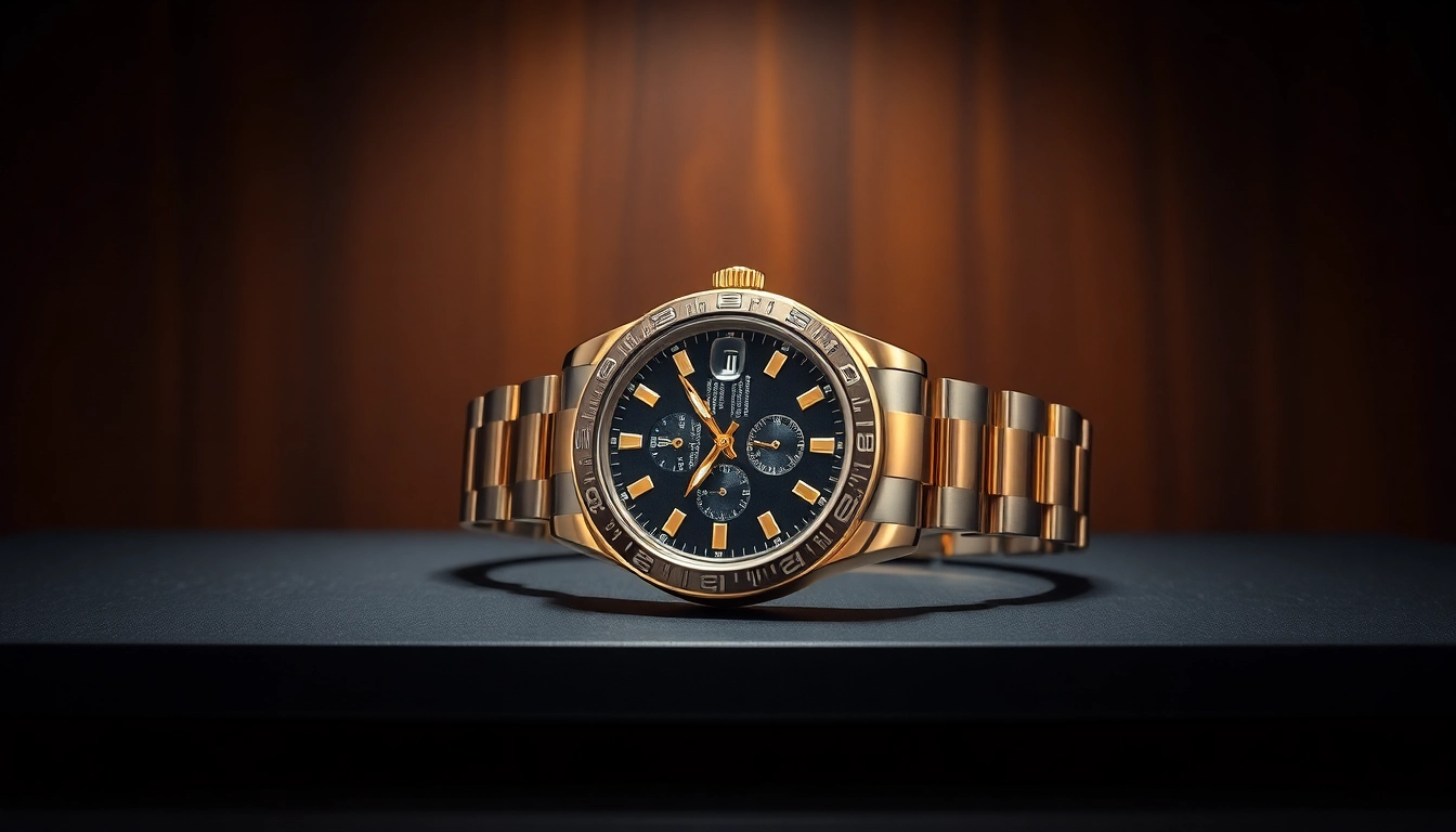 Admire a stunning rolex replica watch showcasing exquisite craftsmanship on a black surface.
