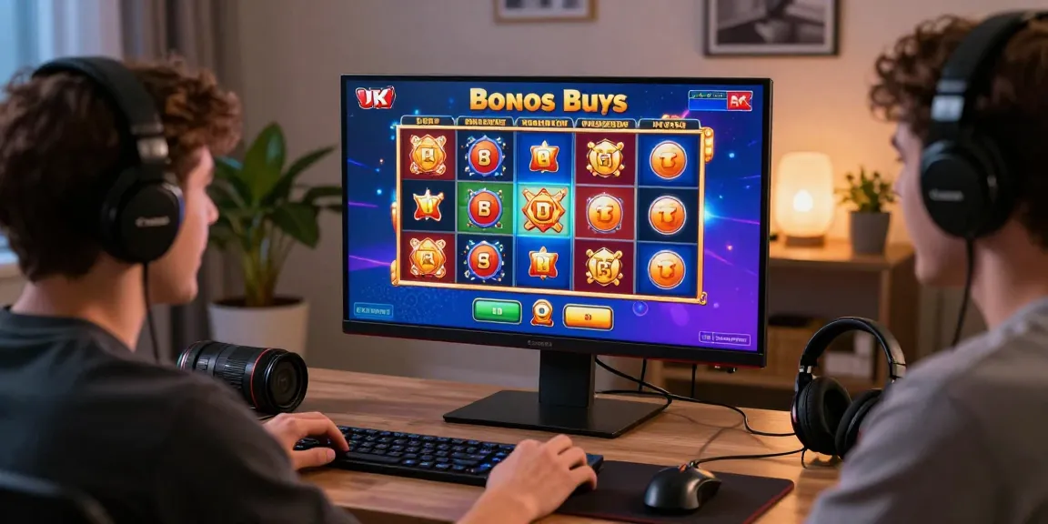 Player immersed in bonus buy slots UK gameplay on a vibrant computer setup.