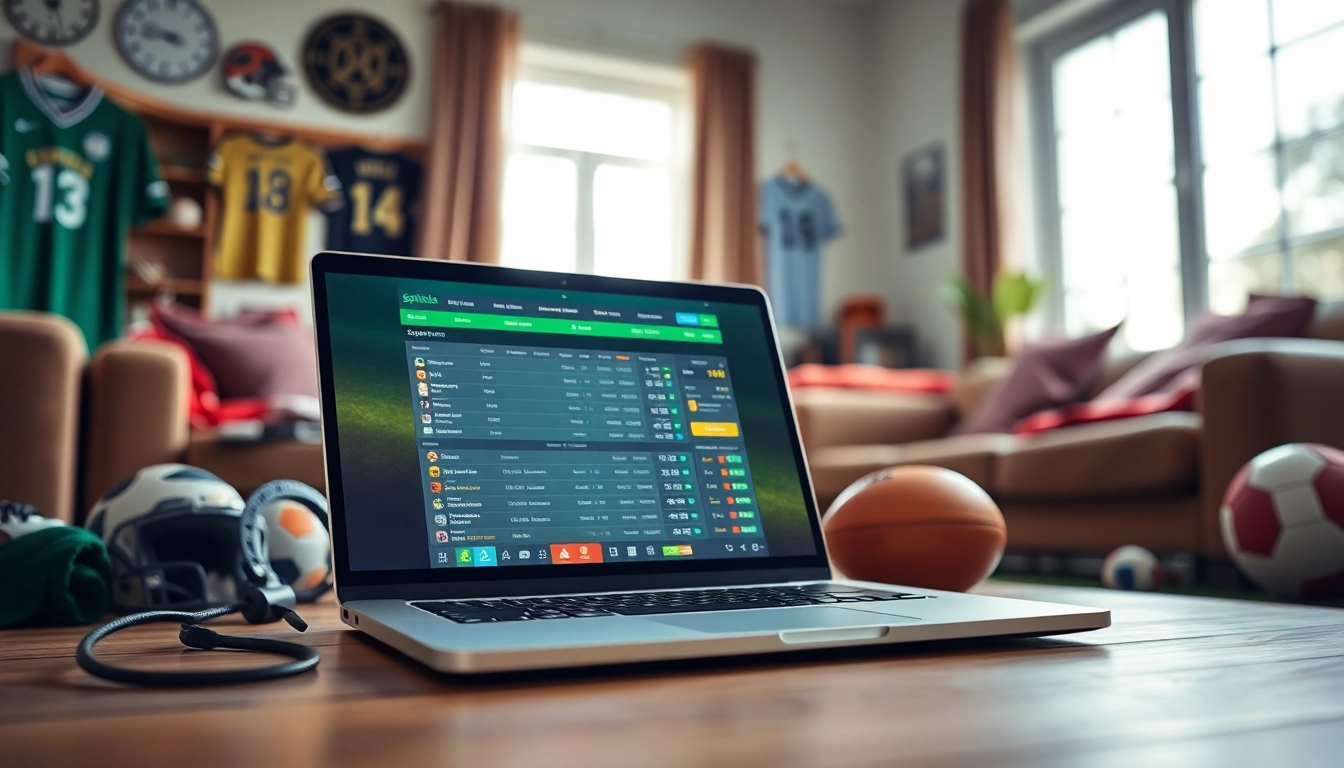 Engaging scene showcasing best online sportsbooks India on a sleek laptop with vibrant sports elements.