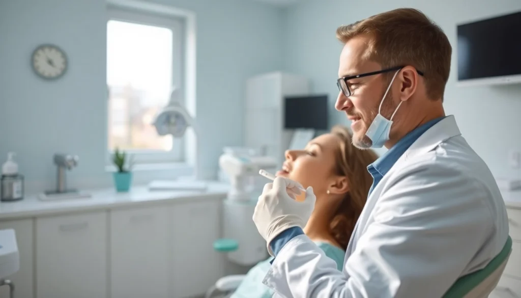 Dentist examining a patient in a modern clinic with dental tools in a welcoming environment.