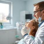 Dentist examining a patient in a modern clinic with dental tools in a welcoming environment.