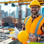 New York City General Contractor overseeing a bustling construction site with urban skyline.