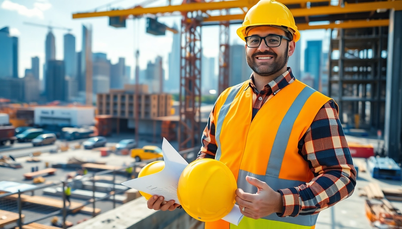 New York City General Contractor overseeing a bustling construction site with urban skyline.