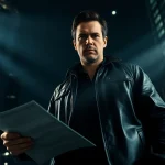 Detective exploring a shadowy urban landscape, evoking a vibe akin to Like Reacher.