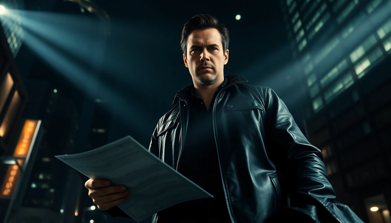 Detective exploring a shadowy urban landscape, evoking a vibe akin to Like Reacher.