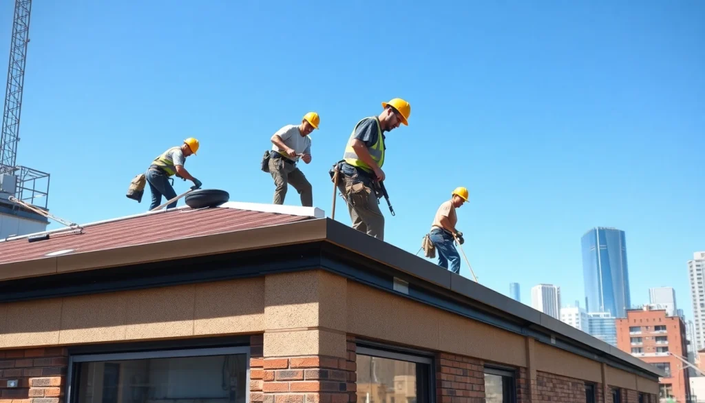 Providing high-quality commercial roofing services, a team of professionals installs roofing on a commercial building.
