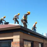 Providing high-quality commercial roofing services, a team of professionals installs roofing on a commercial building.