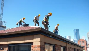 Providing high-quality commercial roofing services, a team of professionals installs roofing on a commercial building.