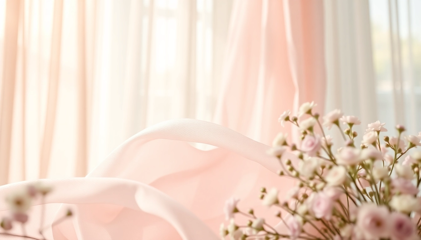 Mousseline stof interactief gepresenteerd met delicate bloemen op een zachte achtergrond.