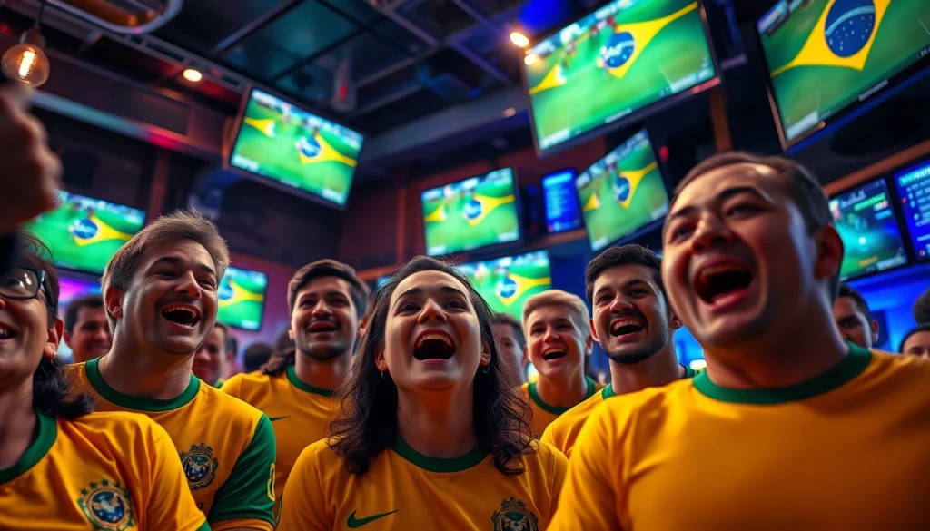 Exciting atmosphere of best sports betting sites Brazil with enthusiastic bettors cheering in a lively setting.