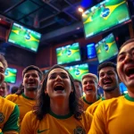 Exciting atmosphere of best sports betting sites Brazil with enthusiastic bettors cheering in a lively setting.
