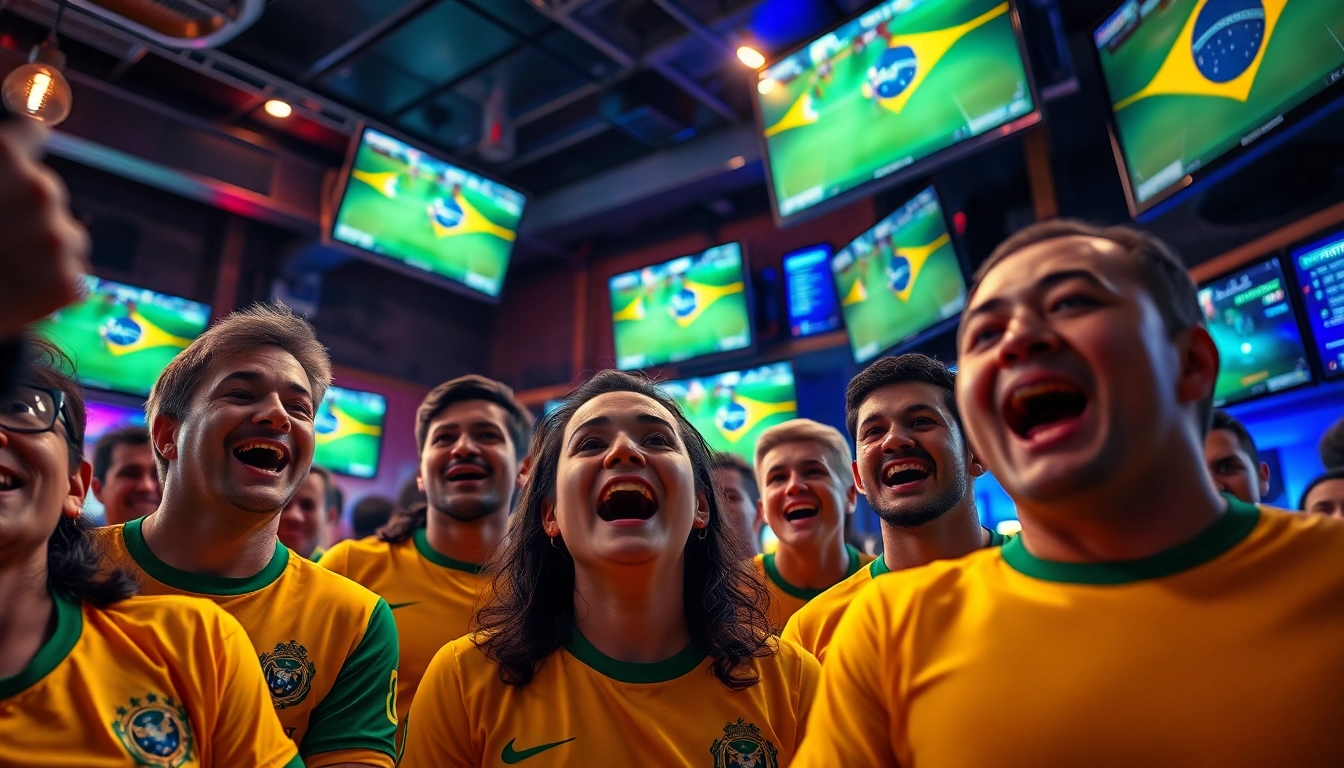 Exciting atmosphere of best sports betting sites Brazil with enthusiastic bettors cheering in a lively setting.