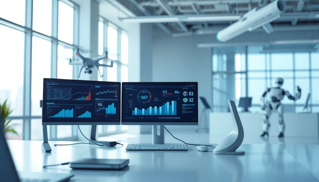 Showcasing modern Technology in a sleek office environment with futuristic devices and bright lighting.