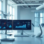 Showcasing modern Technology in a sleek office environment with futuristic devices and bright lighting.