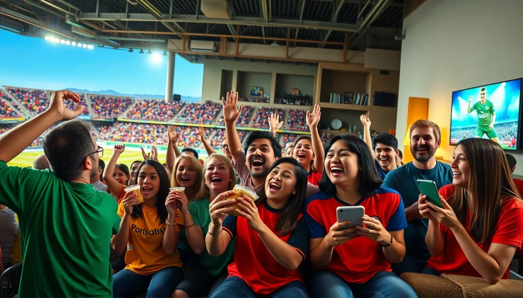 실시간스포츠중계에 열광하는 팬들이 다양한 기기를 통해 경기를 시청하는 모습