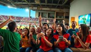 실시간스포츠중계에 열광하는 팬들이 다양한 기기를 통해 경기를 시청하는 모습