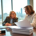 Couple engaged in estate planning San Antonio in a bright modern office setting.