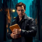 Action hero in urban setting personifying suspense akin to Like Reacher.