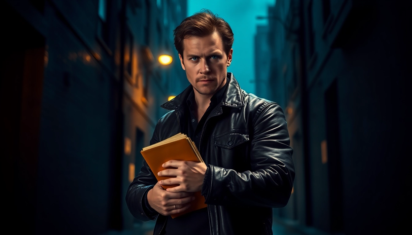 Action hero in urban setting personifying suspense akin to Like Reacher.